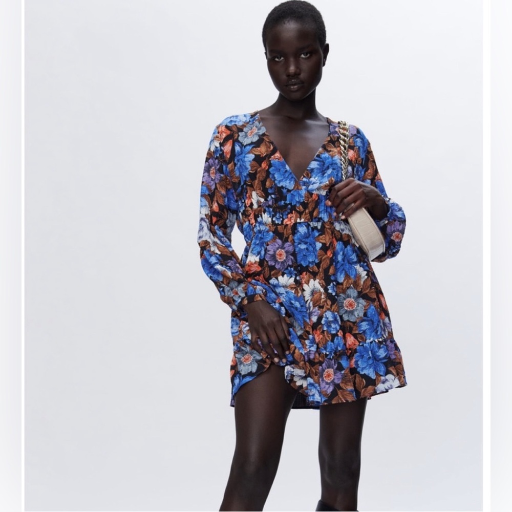 Zara floral V-Neck Dress with Long Sleeves